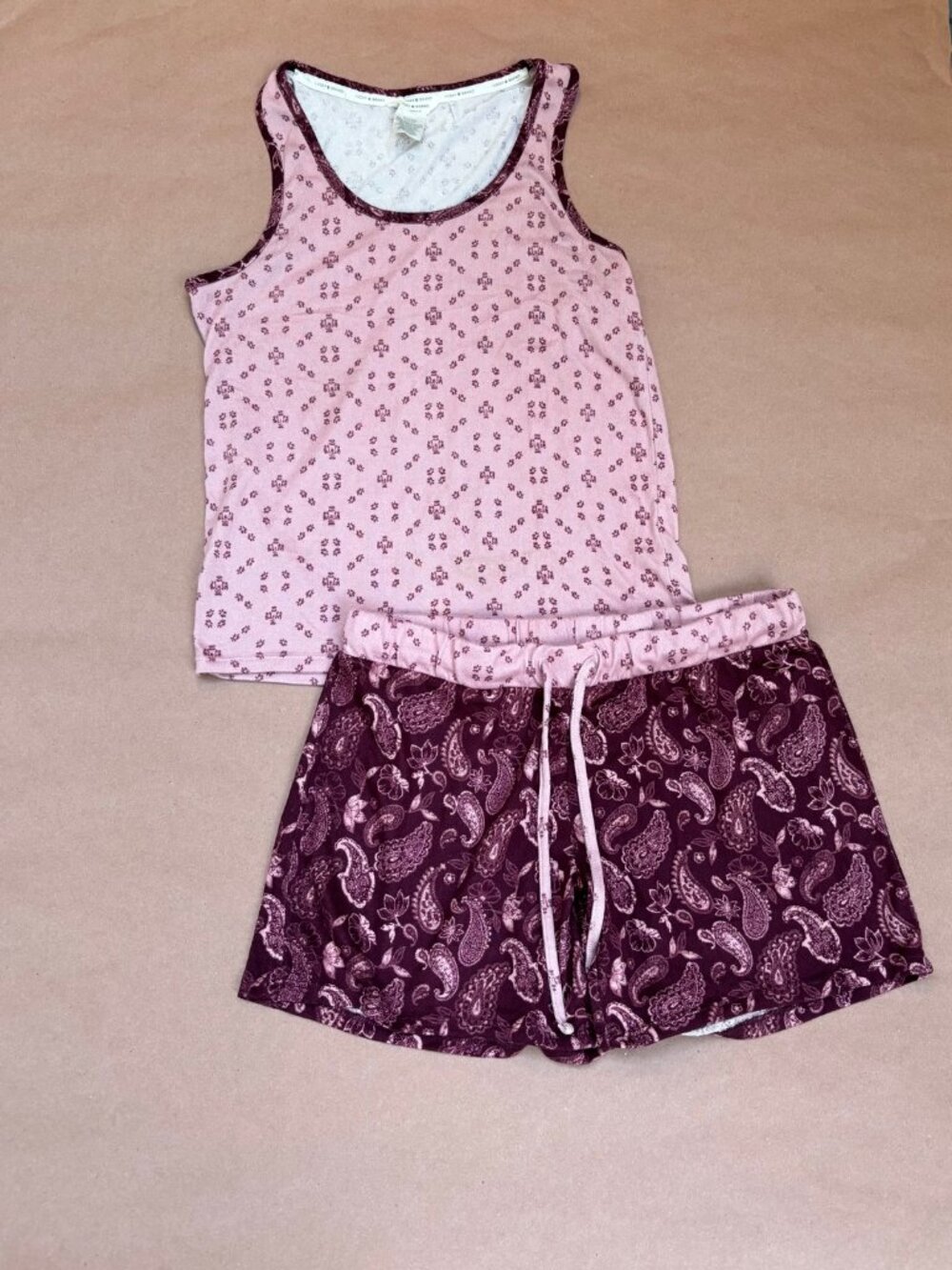Lucky Brand Pajama Set Womens Small Pink Burgundy Paisley Tank Shorts Boho
